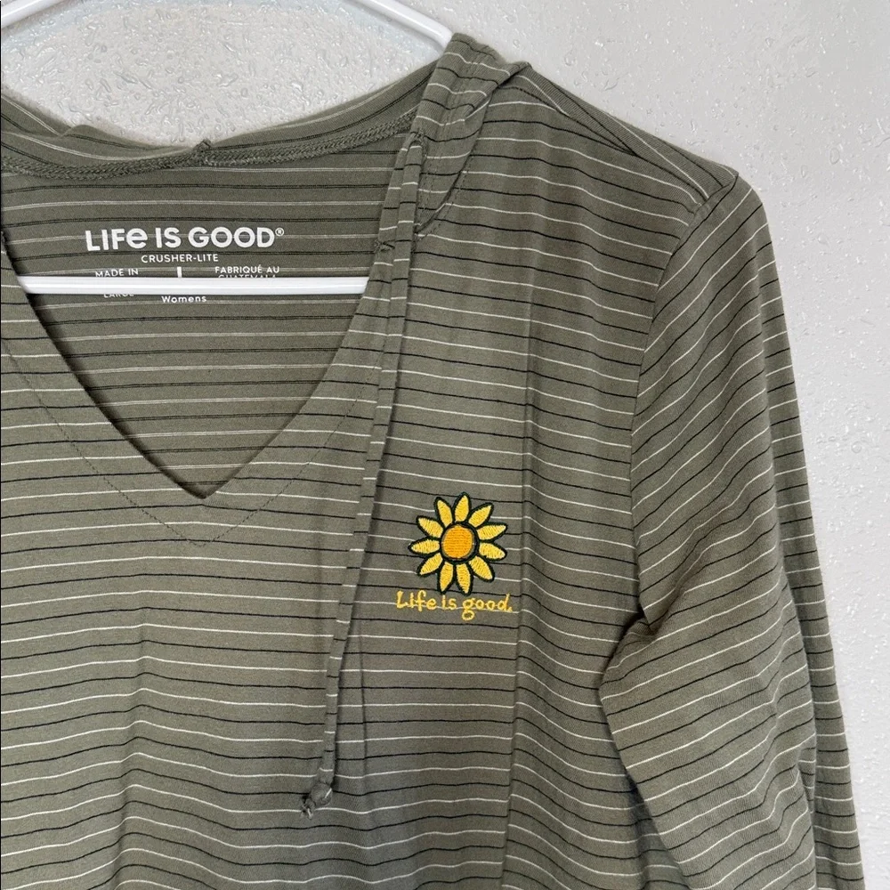 Life Is Good Women's Green Long Sleeve Hooded Stripe Flower Crusher Tee Large - Picture 3 of 5